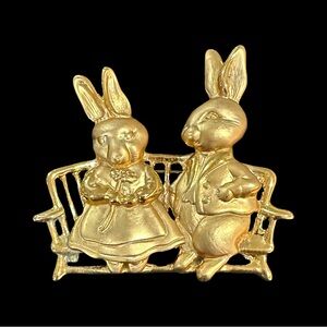 Vintage Brooch Rabbit Couple Sitting on Bench Gold Tone